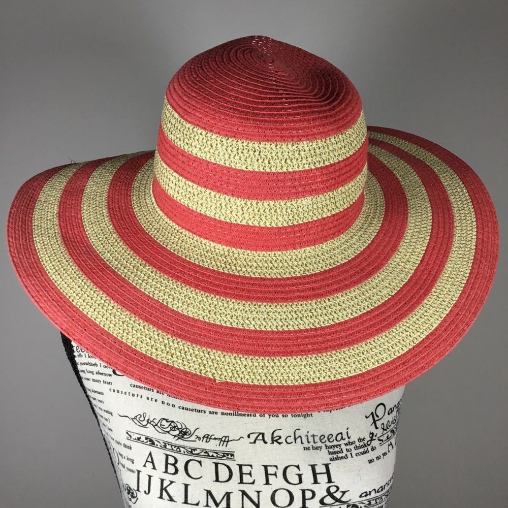 Coral with cream and gold striped floppy wide brim floppy hat summer beach boho - Picture 1 of 6